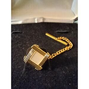 VTG Stacy Adams Tie Pin Tack Gold Tone Square White Stone Chain with Bar EUC